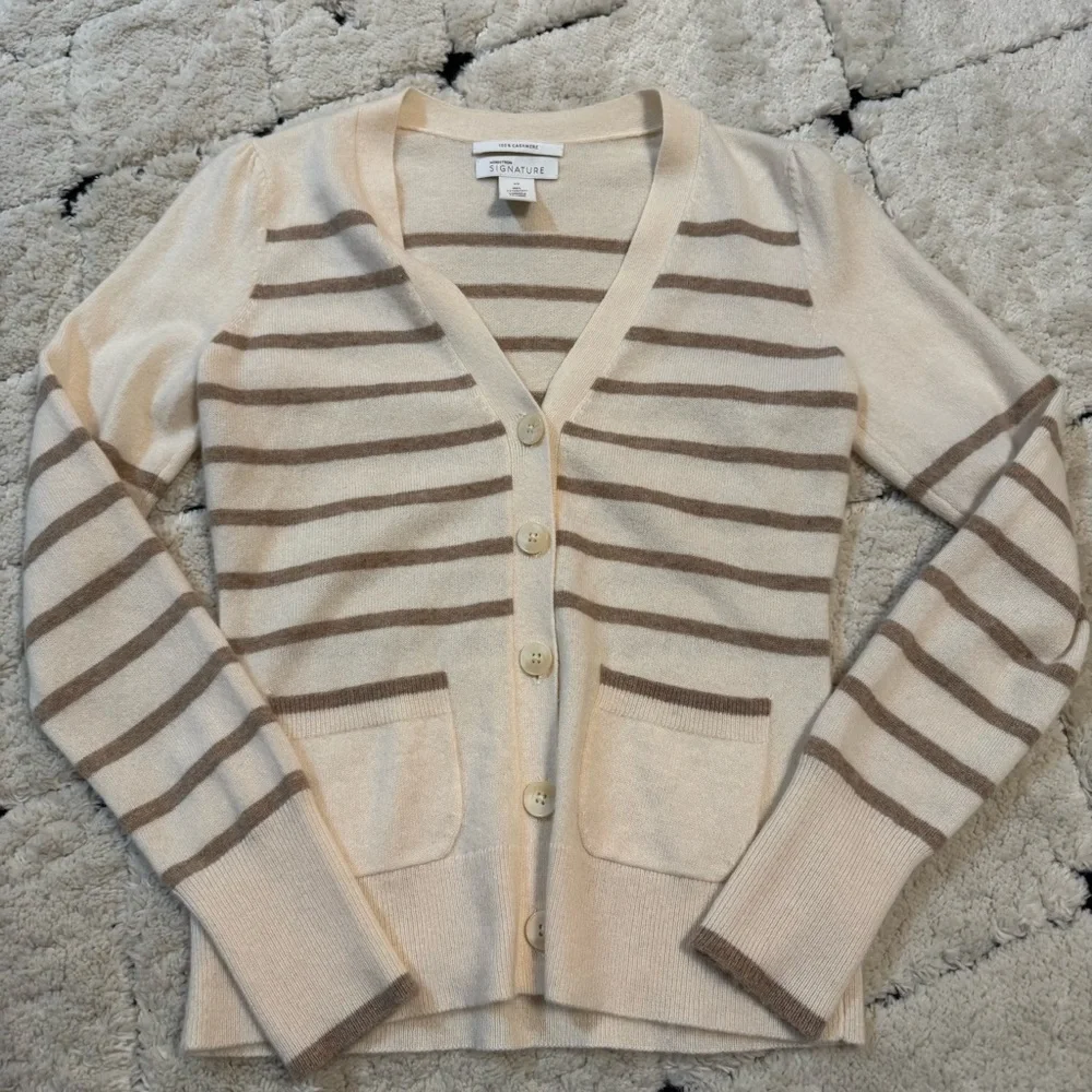 Nordstrom 100% Cashmere Striped Cream and Brown Cardigan - Picture 1 of 4
